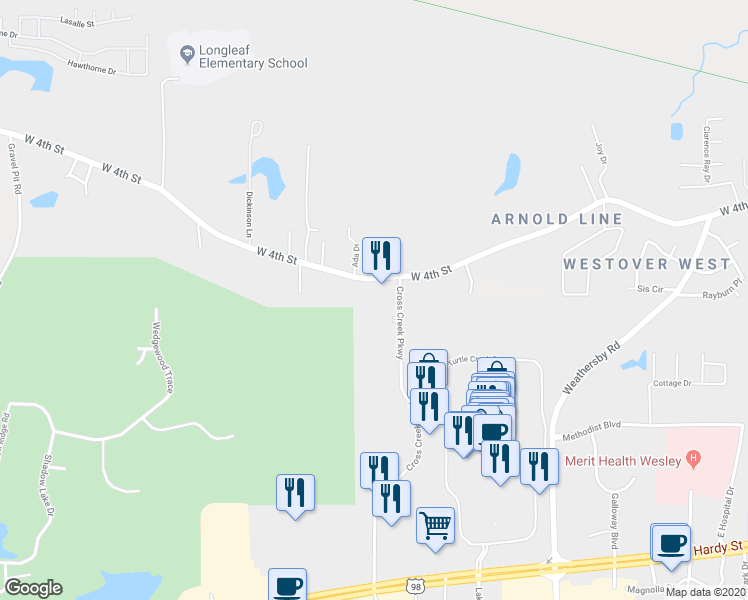 map of restaurants, bars, coffee shops, grocery stores, and more near 155 Cross Creek Parkway in Hattiesburg