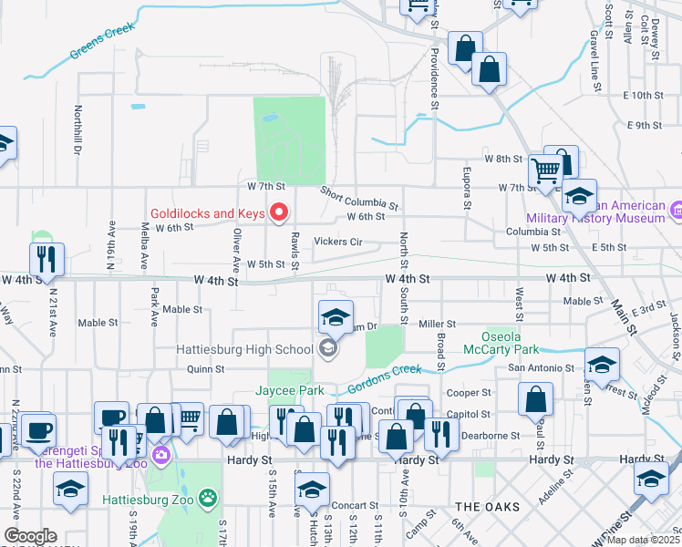 map of restaurants, bars, coffee shops, grocery stores, and more near 651 West 4th Street in Hattiesburg