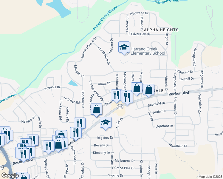map of restaurants, bars, coffee shops, grocery stores, and more near 102 Skylark Drive in Enterprise