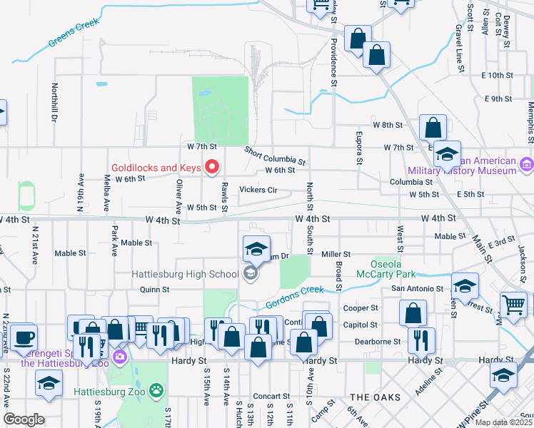map of restaurants, bars, coffee shops, grocery stores, and more near 651 West 4th Street in Hattiesburg