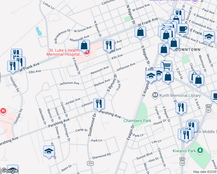 map of restaurants, bars, coffee shops, grocery stores, and more near 436 South Bynum Street in Lufkin