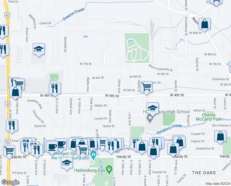map of restaurants, bars, coffee shops, grocery stores, and more near 904 West 5th Street in Hattiesburg