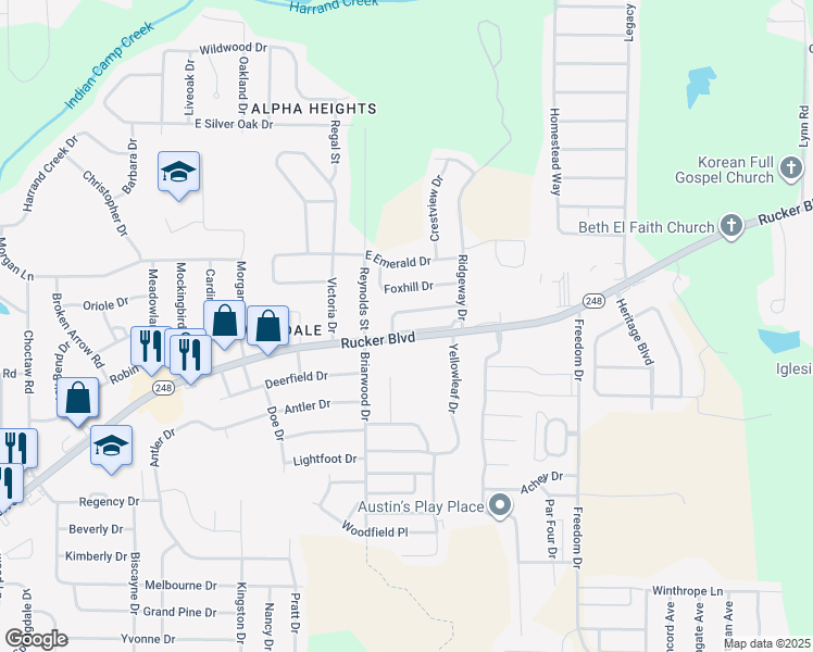 map of restaurants, bars, coffee shops, grocery stores, and more near 101 Woodberry Drive in Enterprise