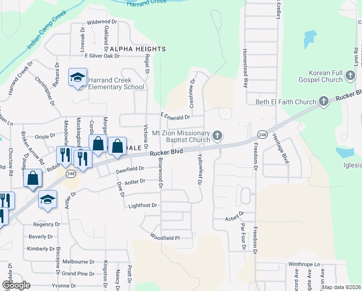 map of restaurants, bars, coffee shops, grocery stores, and more near 115 Woodberry Drive in Enterprise