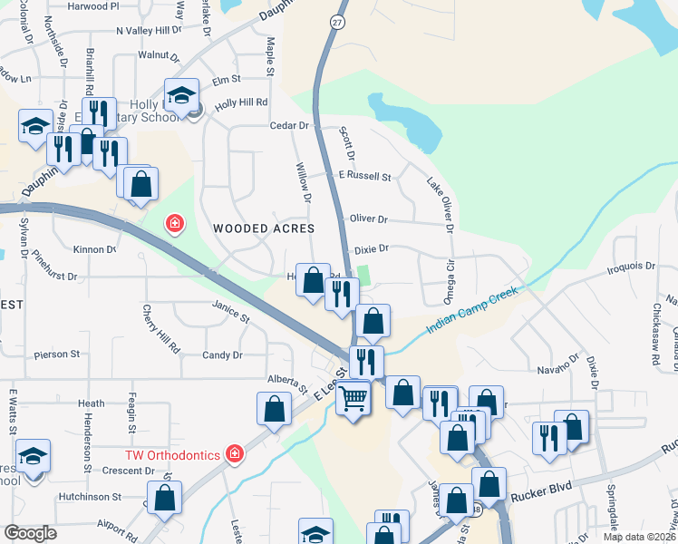 map of restaurants, bars, coffee shops, grocery stores, and more near 101 Holly Hill Rd in Enterprise