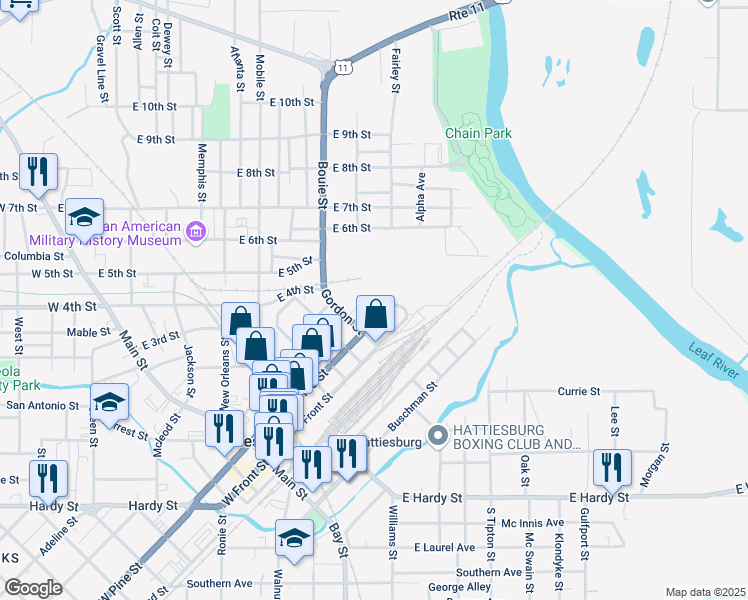 map of restaurants, bars, coffee shops, grocery stores, and more near 700-898 East Pine Street in Hattiesburg