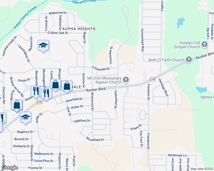 map of restaurants, bars, coffee shops, grocery stores, and more near 125 Woodberry Drive in Enterprise