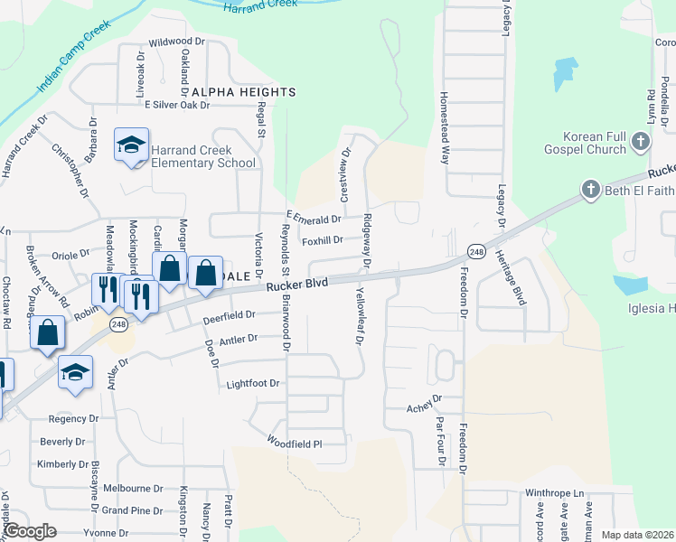 map of restaurants, bars, coffee shops, grocery stores, and more near 131 Woodberry Drive in Enterprise