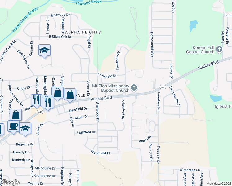 map of restaurants, bars, coffee shops, grocery stores, and more near 139 Woodberry Drive in Enterprise