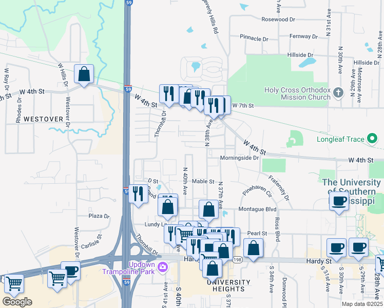 map of restaurants, bars, coffee shops, grocery stores, and more near 4001 Morningside Drive in Hattiesburg