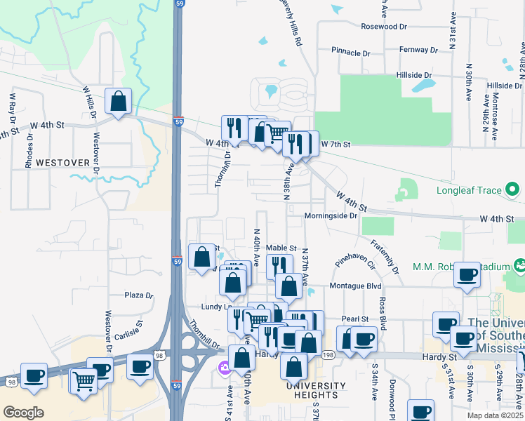 map of restaurants, bars, coffee shops, grocery stores, and more near 4001 Morningside Drive in Hattiesburg