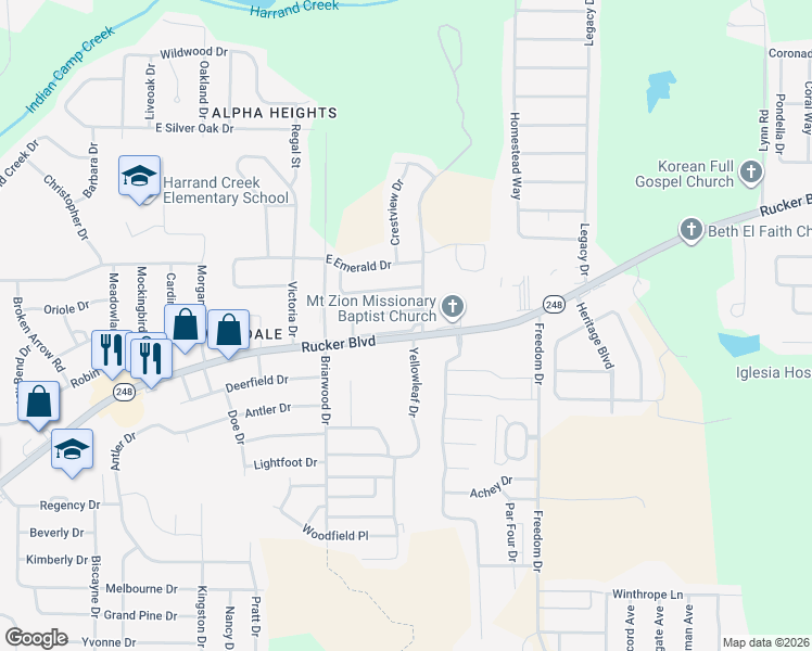 map of restaurants, bars, coffee shops, grocery stores, and more near 149 Woodberry Drive in Enterprise