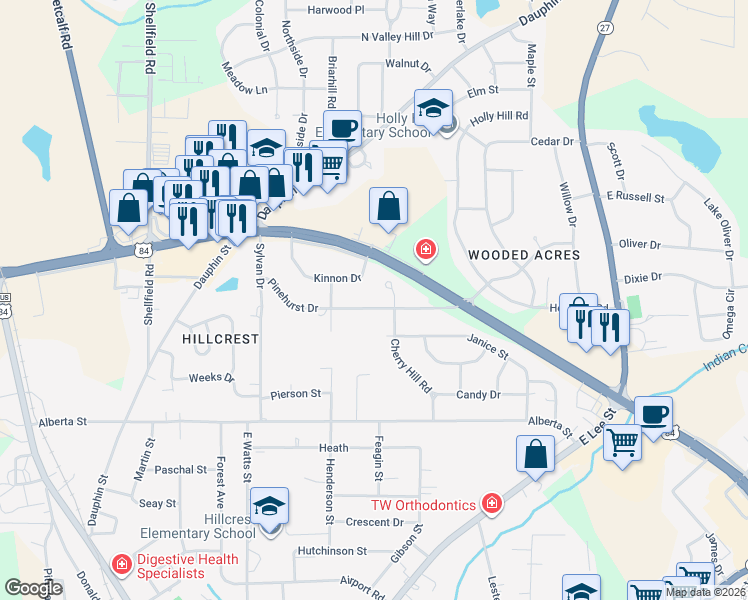map of restaurants, bars, coffee shops, grocery stores, and more near 206 Pinehurst Drive in Enterprise