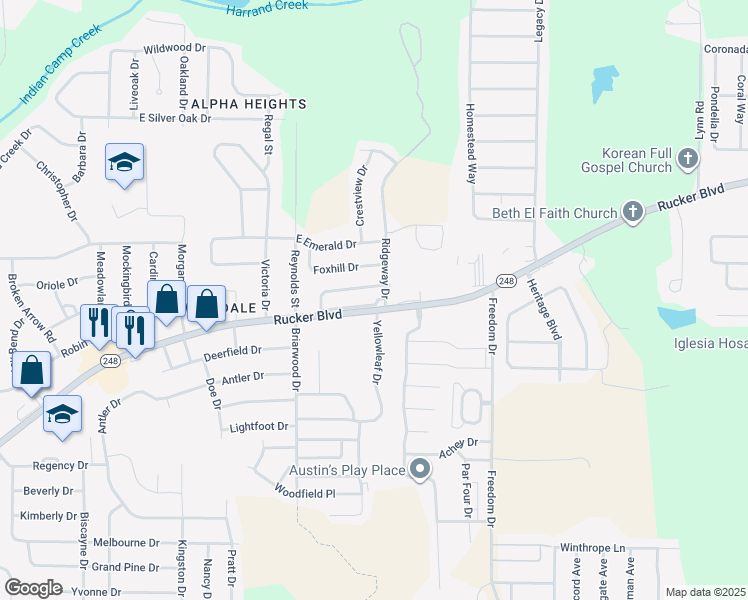 map of restaurants, bars, coffee shops, grocery stores, and more near 139 Woodberry Drive in Enterprise