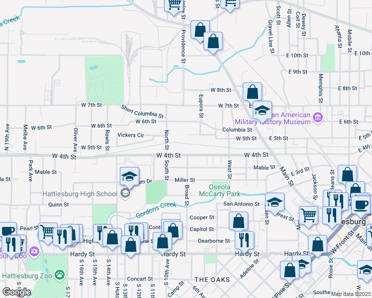 map of restaurants, bars, coffee shops, grocery stores, and more near 498 W 4th St in Hattiesburg