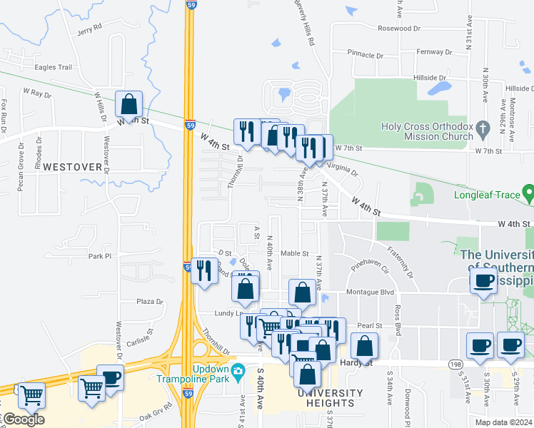 map of restaurants, bars, coffee shops, grocery stores, and more near 4001 Morningside Drive in Hattiesburg