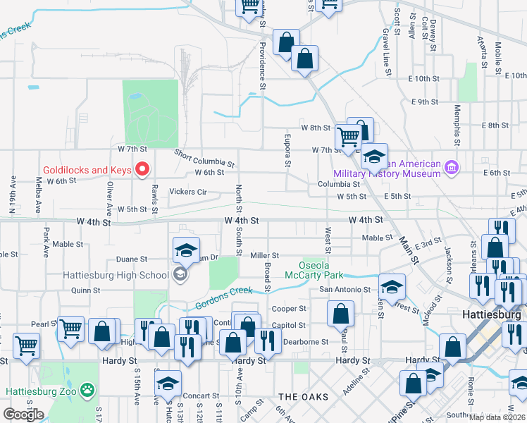 map of restaurants, bars, coffee shops, grocery stores, and more near 498 W 4th St in Hattiesburg