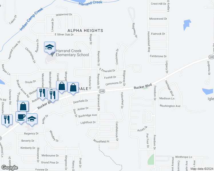 map of restaurants, bars, coffee shops, grocery stores, and more near 159 Commons Drive in Enterprise