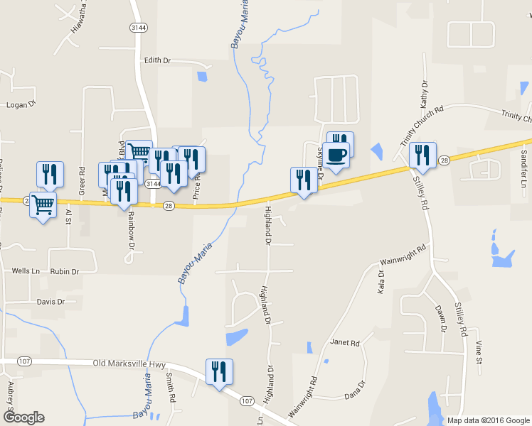map of restaurants, bars, coffee shops, grocery stores, and more near 420 Highland Drive in Pineville