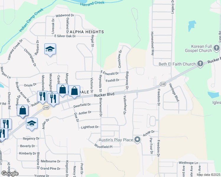 map of restaurants, bars, coffee shops, grocery stores, and more near 157 Commons Drive in Enterprise