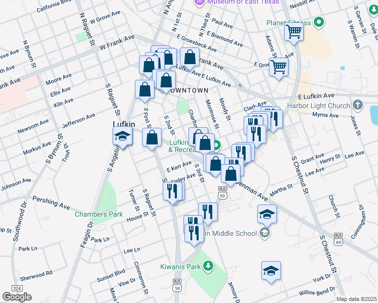 map of restaurants, bars, coffee shops, grocery stores, and more near 201-299 East Kerr Avenue in Lufkin