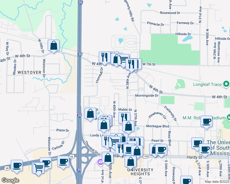 map of restaurants, bars, coffee shops, grocery stores, and more near 3999 Morningside Drive in Hattiesburg