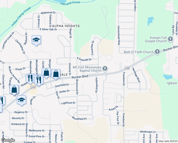 map of restaurants, bars, coffee shops, grocery stores, and more near 139 Woodberry Drive in Enterprise