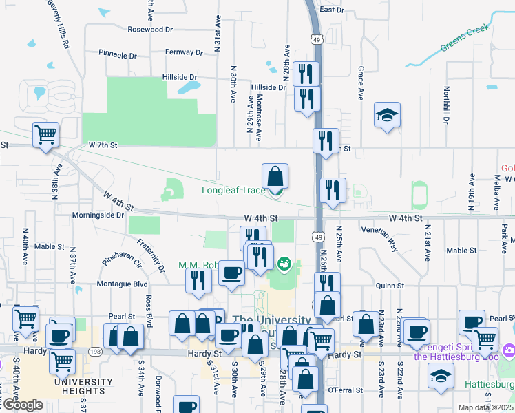 map of restaurants, bars, coffee shops, grocery stores, and more near 3139-3221 West 4th Street in Hattiesburg
