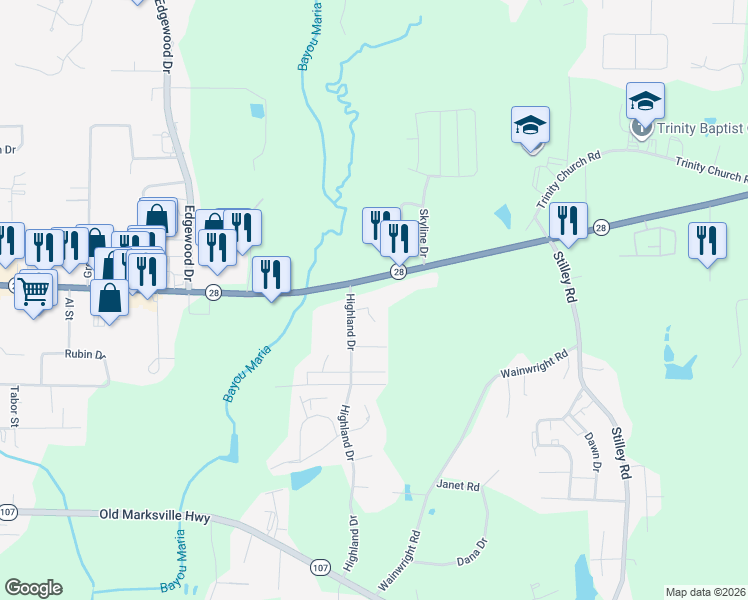 map of restaurants, bars, coffee shops, grocery stores, and more near 3241 Cloverland Drive in Pineville