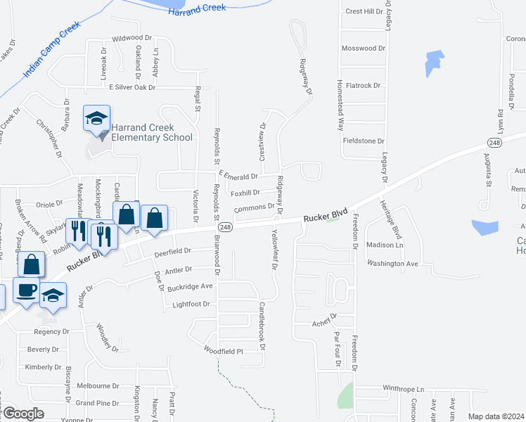 map of restaurants, bars, coffee shops, grocery stores, and more near 123 Commons Drive in Enterprise