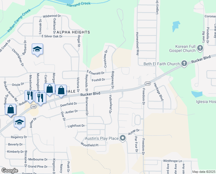 map of restaurants, bars, coffee shops, grocery stores, and more near 113 Commons Drive in Enterprise