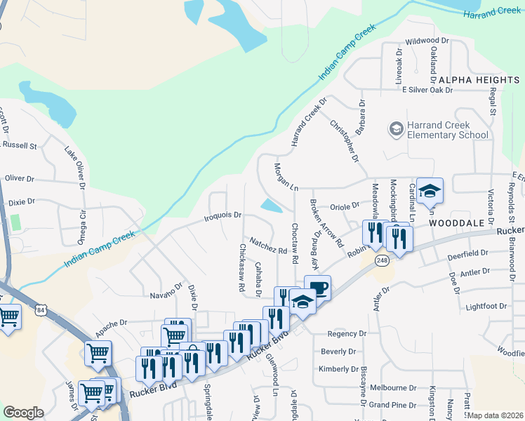 map of restaurants, bars, coffee shops, grocery stores, and more near 201-299 Harrand Creek Dr in Enterprise