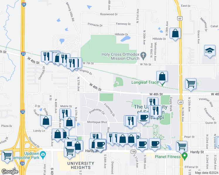 map of restaurants, bars, coffee shops, grocery stores, and more near 3317 West 4th Street in Hattiesburg
