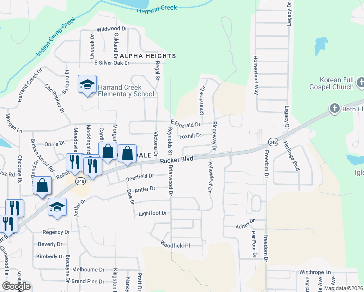 map of restaurants, bars, coffee shops, grocery stores, and more near 107 Foxhill Drive in Enterprise