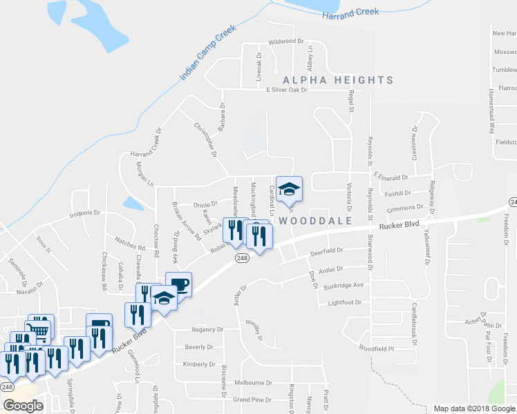 map of restaurants, bars, coffee shops, grocery stores, and more near 106 Mockingbird Lane in Enterprise