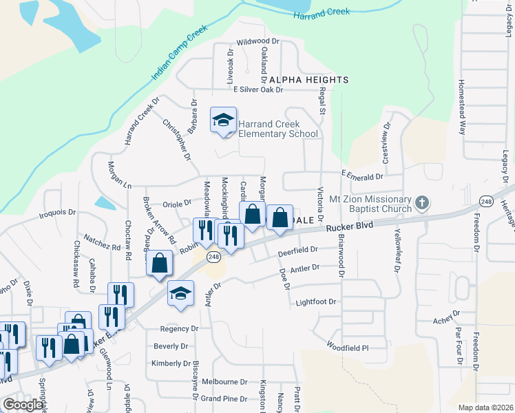 map of restaurants, bars, coffee shops, grocery stores, and more near 210 Morgan Lane in Enterprise