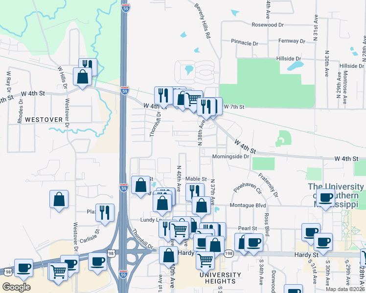 map of restaurants, bars, coffee shops, grocery stores, and more near 148 Brookwood Lane in Hattiesburg