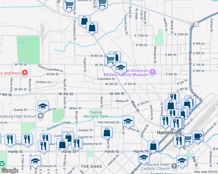 map of restaurants, bars, coffee shops, grocery stores, and more near 139 West 5th Street in Hattiesburg