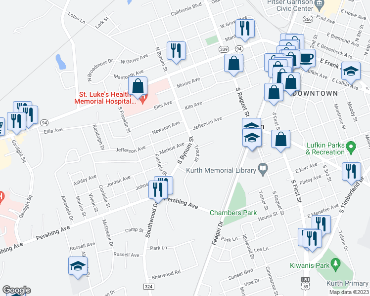 map of restaurants, bars, coffee shops, grocery stores, and more near 414 South Bynum Street in Lufkin
