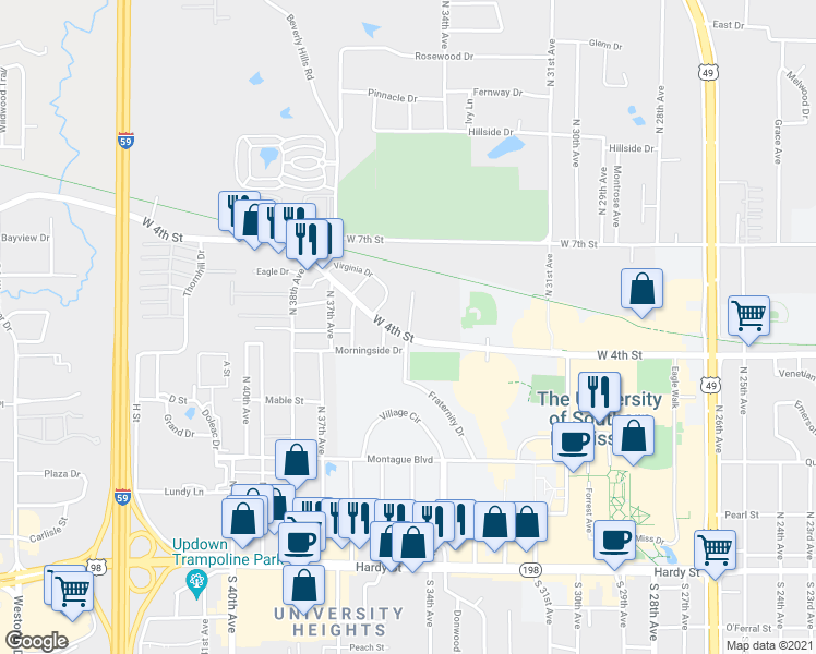map of restaurants, bars, coffee shops, grocery stores, and more near 102 Southern Hills Drive in Hattiesburg