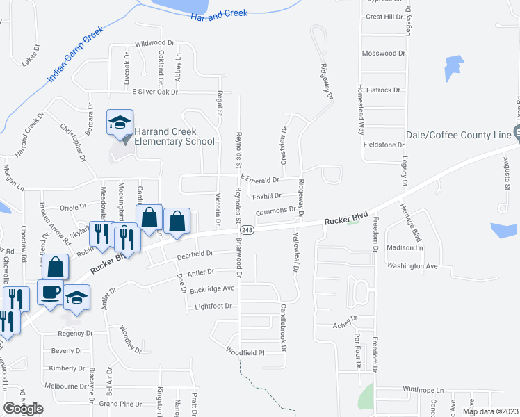 map of restaurants, bars, coffee shops, grocery stores, and more near 162 Commons Drive in Enterprise