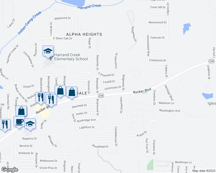 map of restaurants, bars, coffee shops, grocery stores, and more near 154 Commons Drive in Enterprise