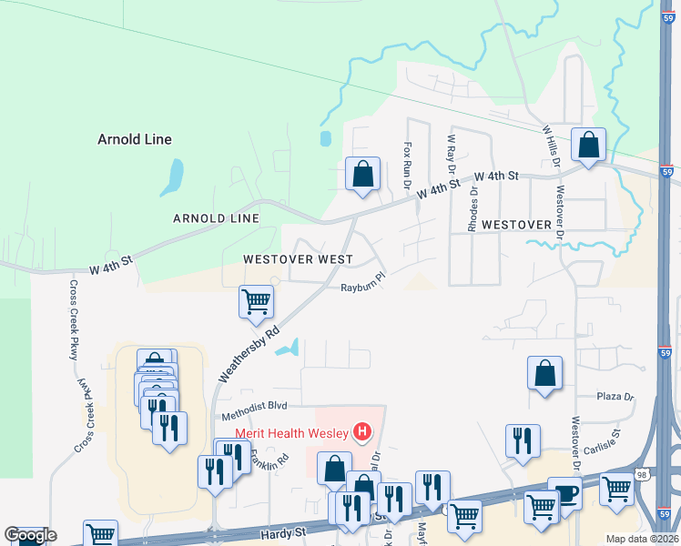 map of restaurants, bars, coffee shops, grocery stores, and more near 101-105 Marshall Place in Hattiesburg