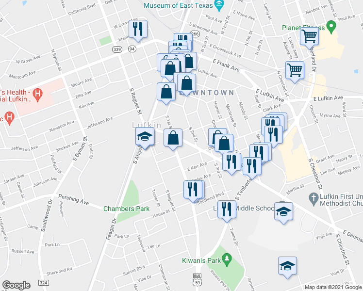 map of restaurants, bars, coffee shops, grocery stores, and more near 601 South 1st Street in Lufkin