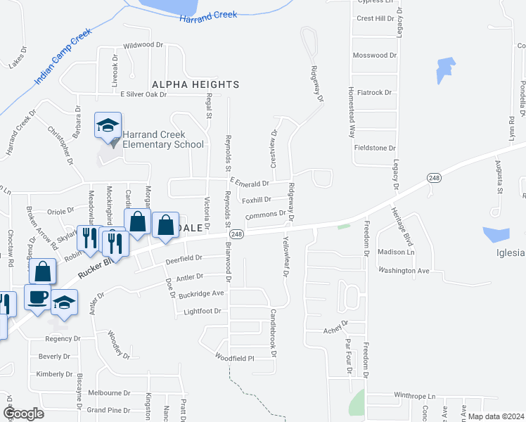 map of restaurants, bars, coffee shops, grocery stores, and more near 140 Commons Drive in Enterprise