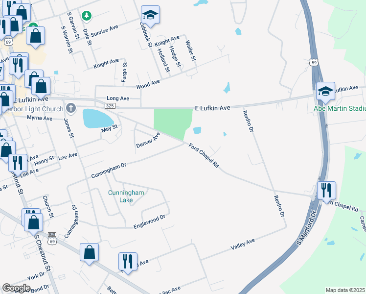 map of restaurants, bars, coffee shops, grocery stores, and more near 1016 Cunningham Drive in Lufkin