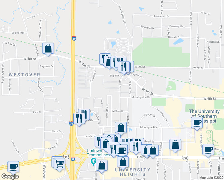 map of restaurants, bars, coffee shops, grocery stores, and more near 125 Brookwood Lane in Hattiesburg