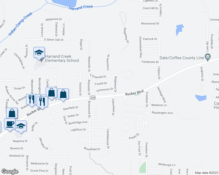 map of restaurants, bars, coffee shops, grocery stores, and more near 128 Foxhill Drive in Enterprise