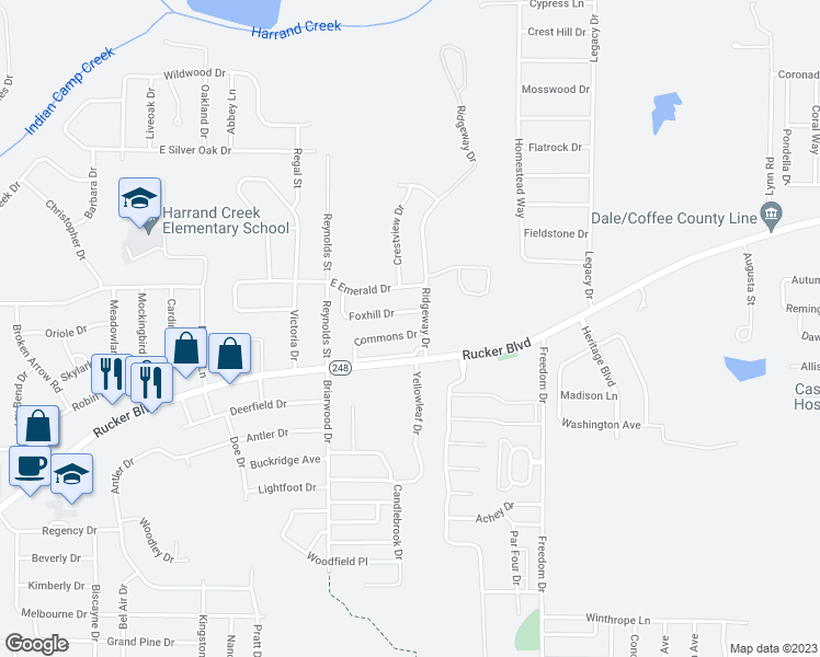 map of restaurants, bars, coffee shops, grocery stores, and more near 112 Commons Drive in Enterprise