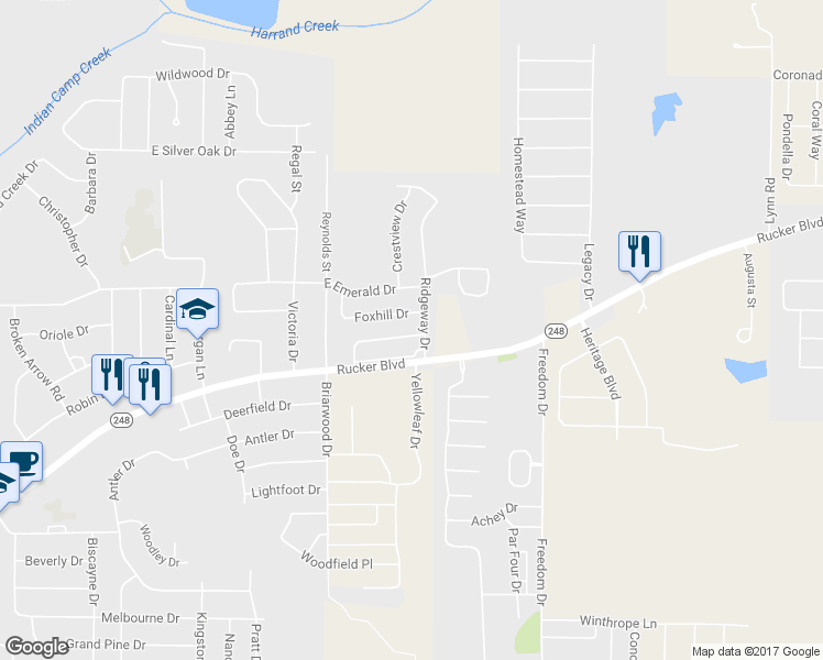 map of restaurants, bars, coffee shops, grocery stores, and more near 110 Commons Drive in Enterprise